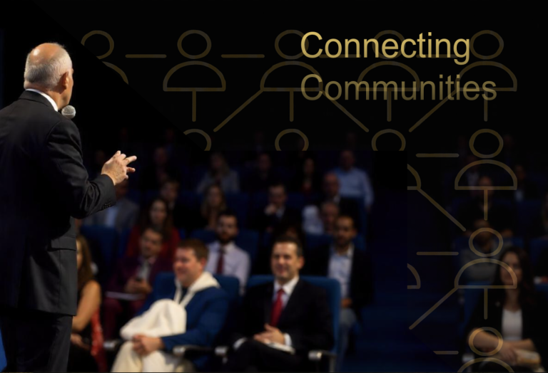 "Connecting Communities" community hall presentation with overlay of connected people icons